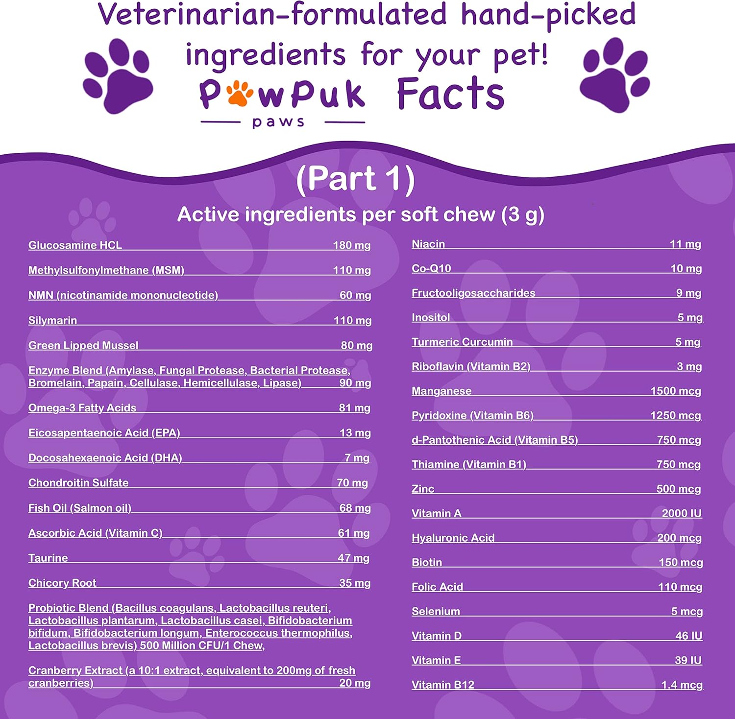 Pawpuk Paws Dog Supplements with Silymarin, Green Lipped Mussel, Glucosamine, MSM, Salmon Oil, Probiotics, Co-Q10, NMN - Immune & Gut Support, UTI Prevention, Radiant Skin & Coat