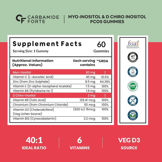 PCOS Supplements for Women with Myo & D Chiro Inositol, Vitamins & Minerals - Orange Flavour - 60 Veg Gummies