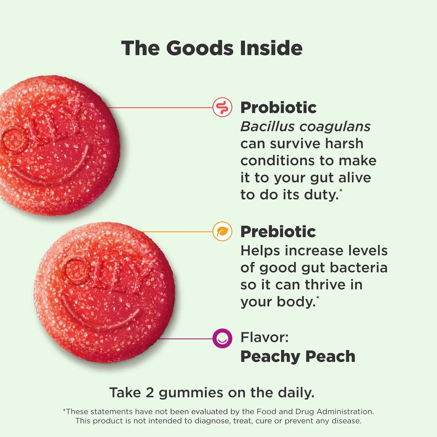 Peach Flavored Probiotic and Prebiotic Gummy for Digestive Support - 30 Day Supply with 500 Million CFUs and Fiber - Men and Women's Chewable Supplement