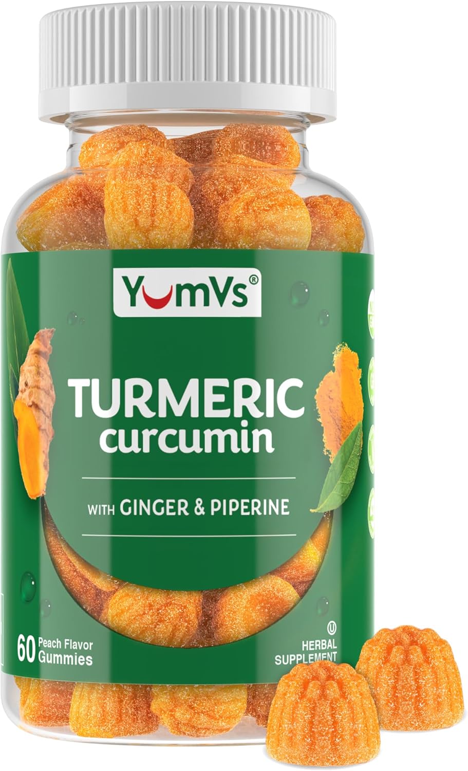 Peach Flavored Turmeric Gummies with Ginger, Piperine, and Black Pepper - Gluten-Free Vegetarian Supplement by Yum-V's