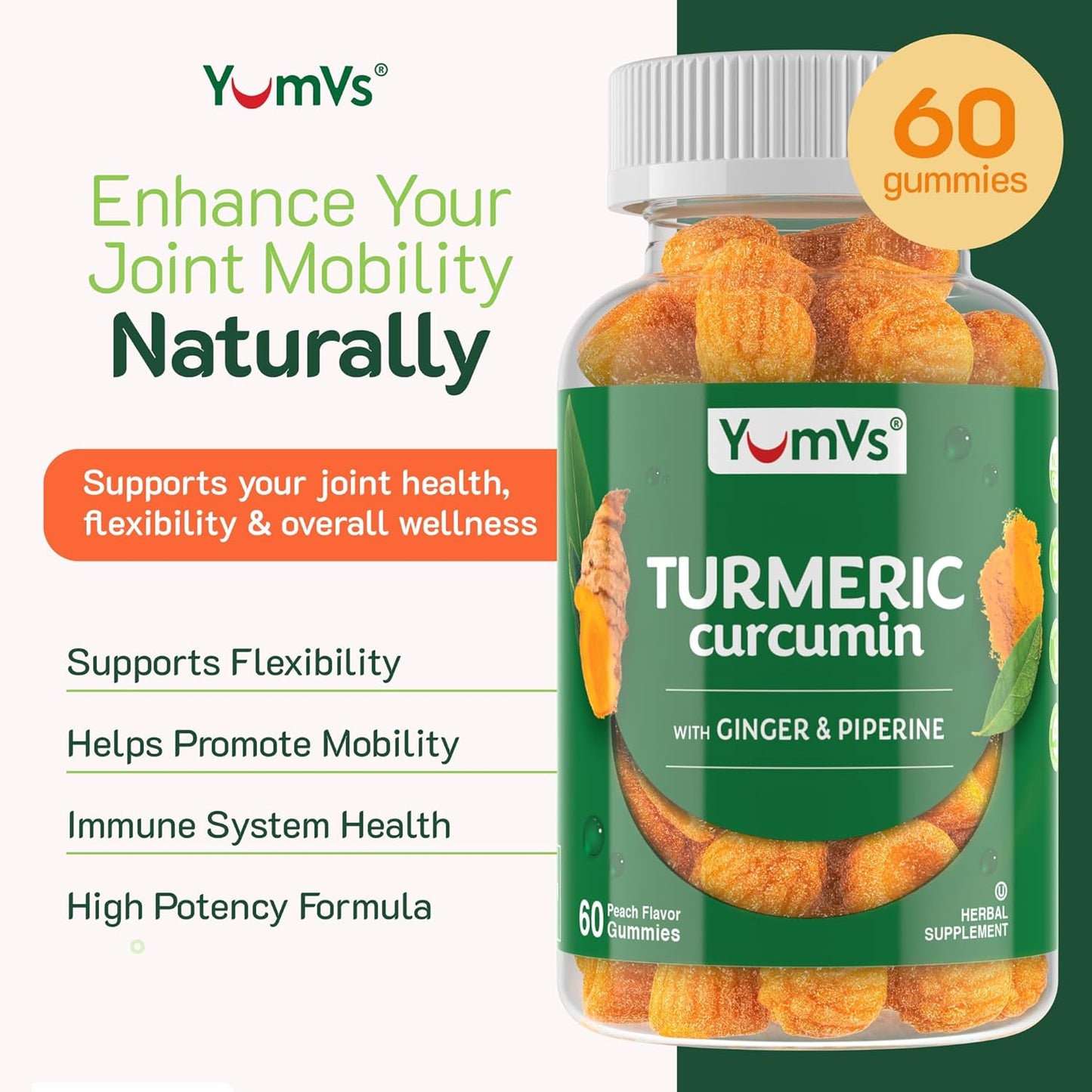 Peach Flavored Turmeric Gummies with Ginger, Piperine, and Black Pepper - Gluten-Free Vegetarian Supplement by Yum-V's
