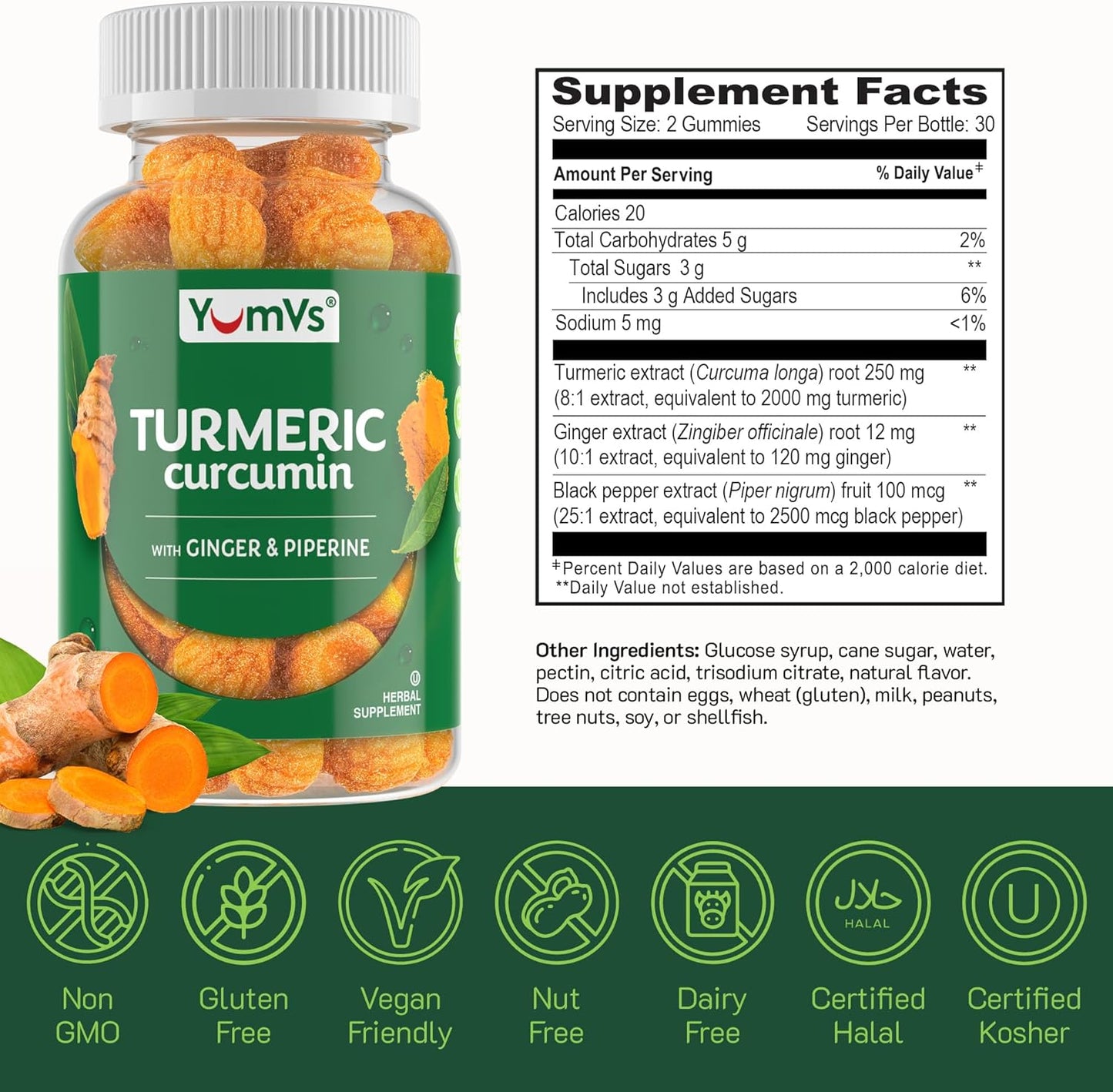 Peach Flavored Turmeric Gummies with Ginger, Piperine, and Black Pepper - Gluten-Free Vegetarian Supplement by Yum-V's