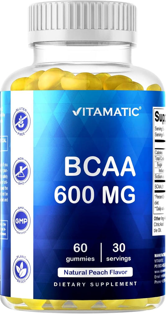 Peach Flavored Vegan BCAA Gummies - 600mg per Serving - 60 Count - Branch Chain Amino Acid Supplement