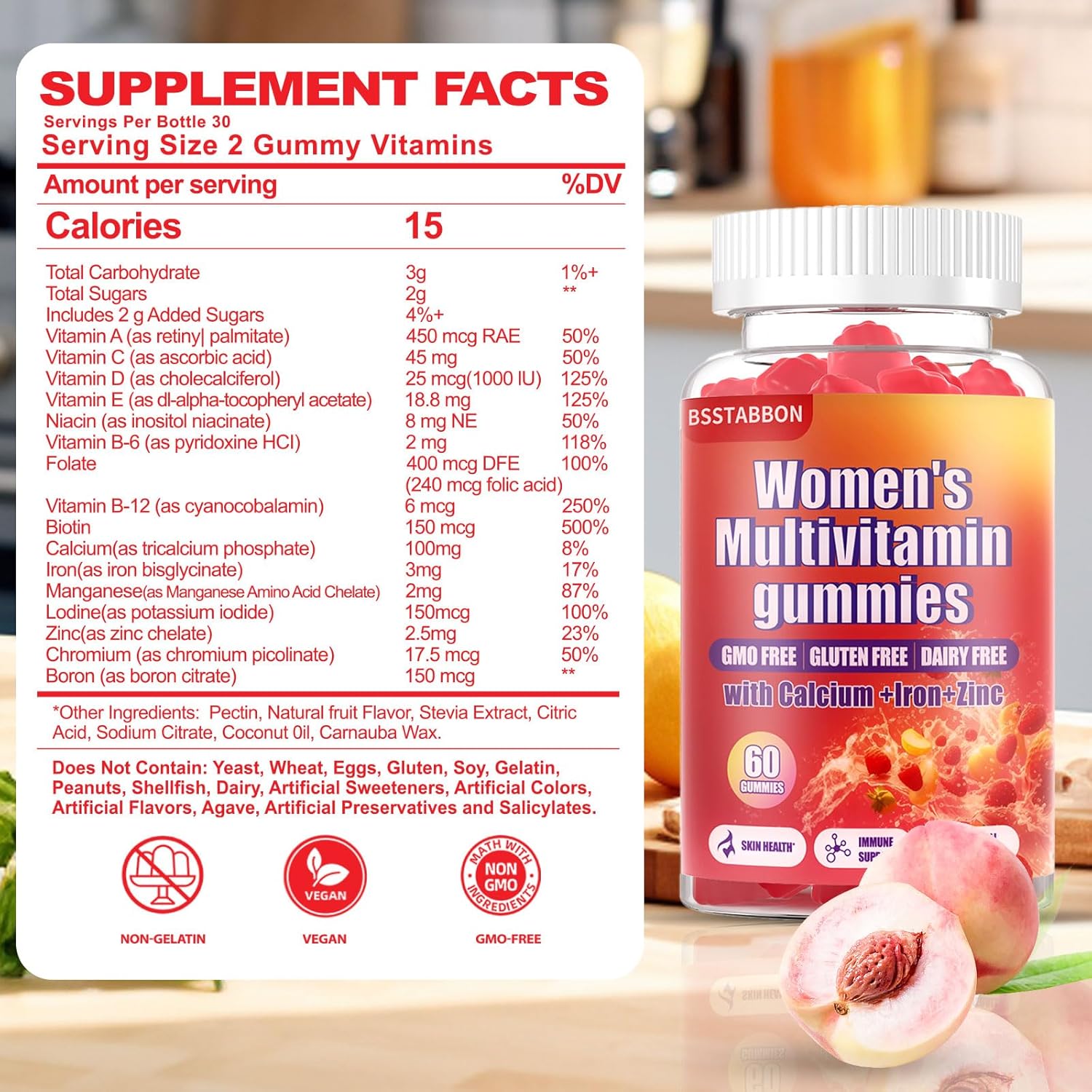 Peach Flavored Women's Multivitamin Gummies with 6 Essential Vitamins and Minerals for Skin, Hair, Energy, and Immune Support (60 Count)