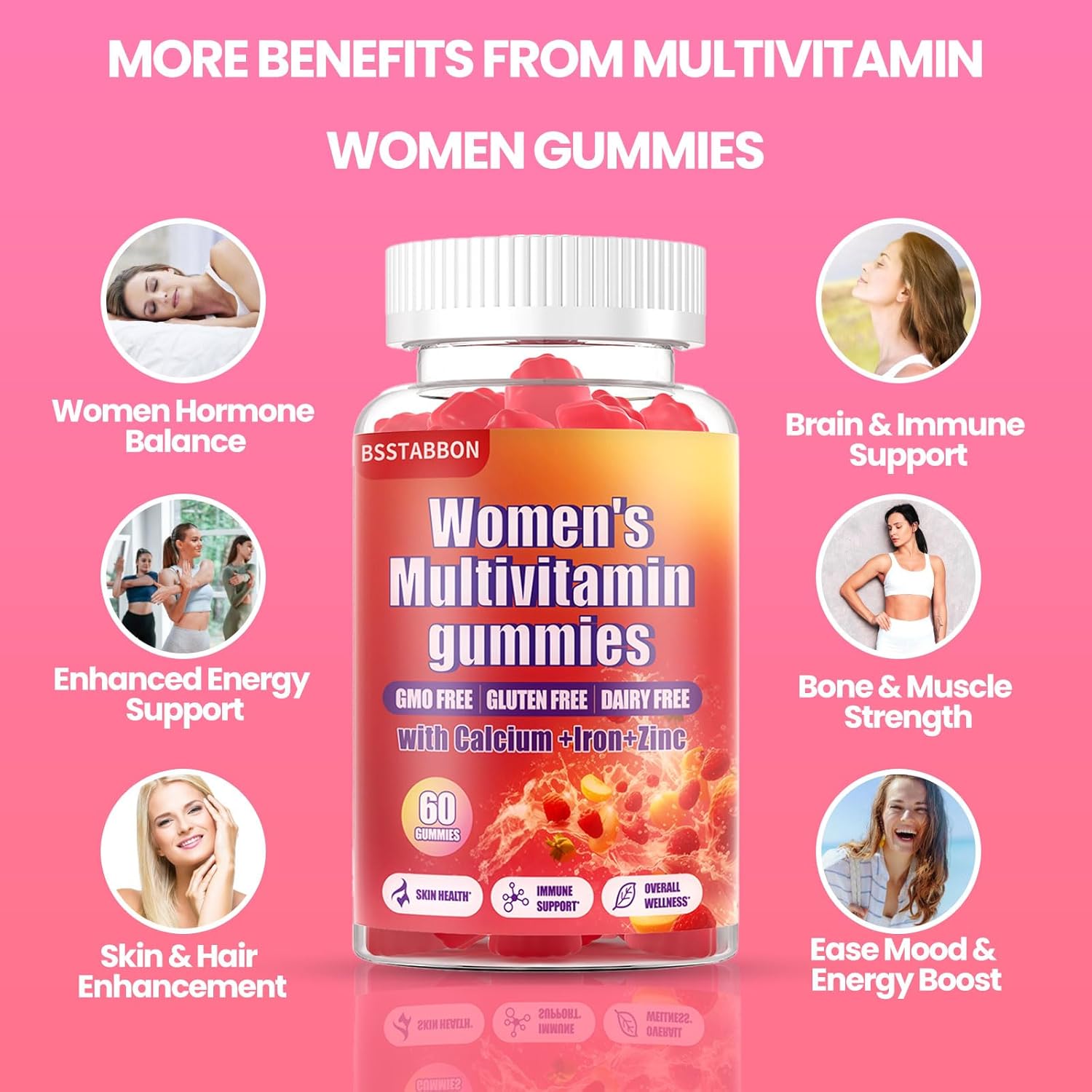 Peach Flavored Women's Multivitamin Gummies with 6 Essential Vitamins and Minerals for Skin, Hair, Energy, and Immune Support (60 Count)