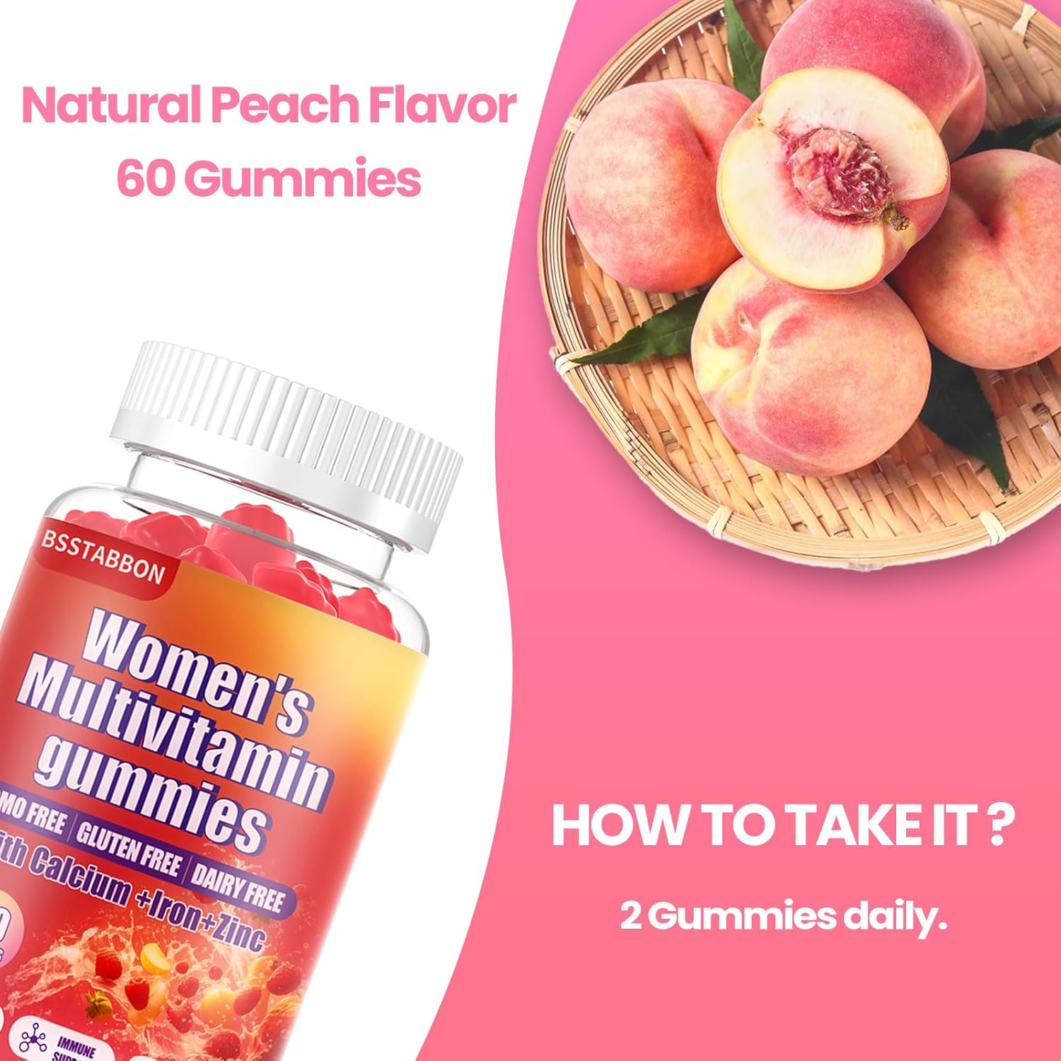 Peach Flavored Women's Multivitamin Gummies with 6 Essential Vitamins and Minerals for Skin, Hair, Energy, and Immune Support (60 Count)