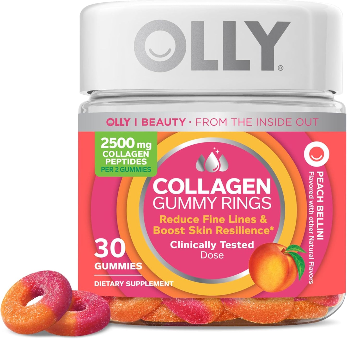 Peach OLLY Collagen Gummy Rings, 2.5g Collagen for Skin Elasticity, 30 Count - Clinically Tested, 15 Day Supply