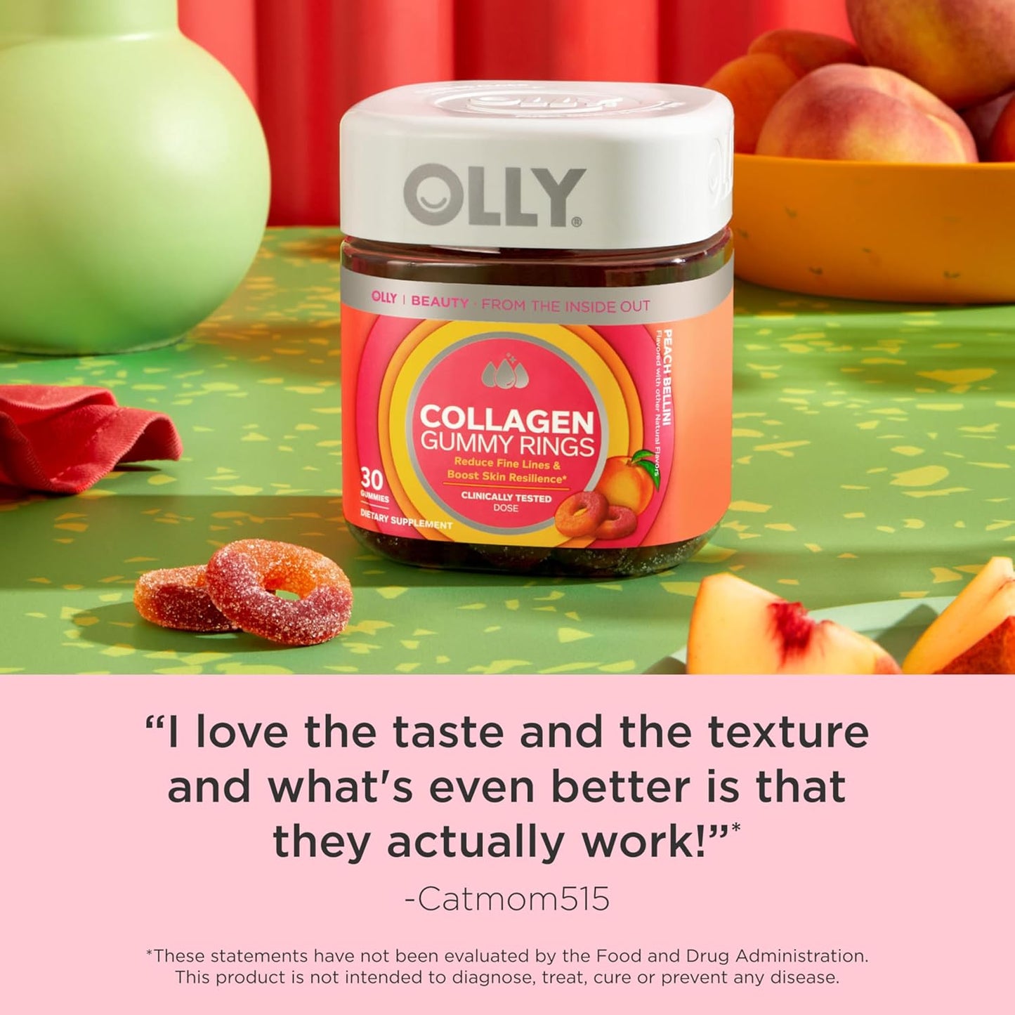 Peach OLLY Collagen Gummy Rings, 2.5g Collagen for Skin Elasticity, 30 Count - Clinically Tested, 15 Day Supply