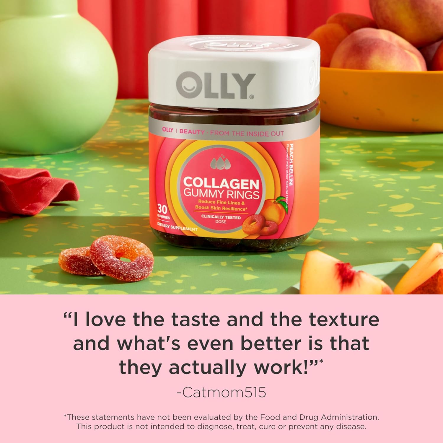Peach OLLY Collagen Gummy Rings, 2.5g Collagen for Skin Elasticity, 30 Count - Clinically Tested, 15 Day Supply