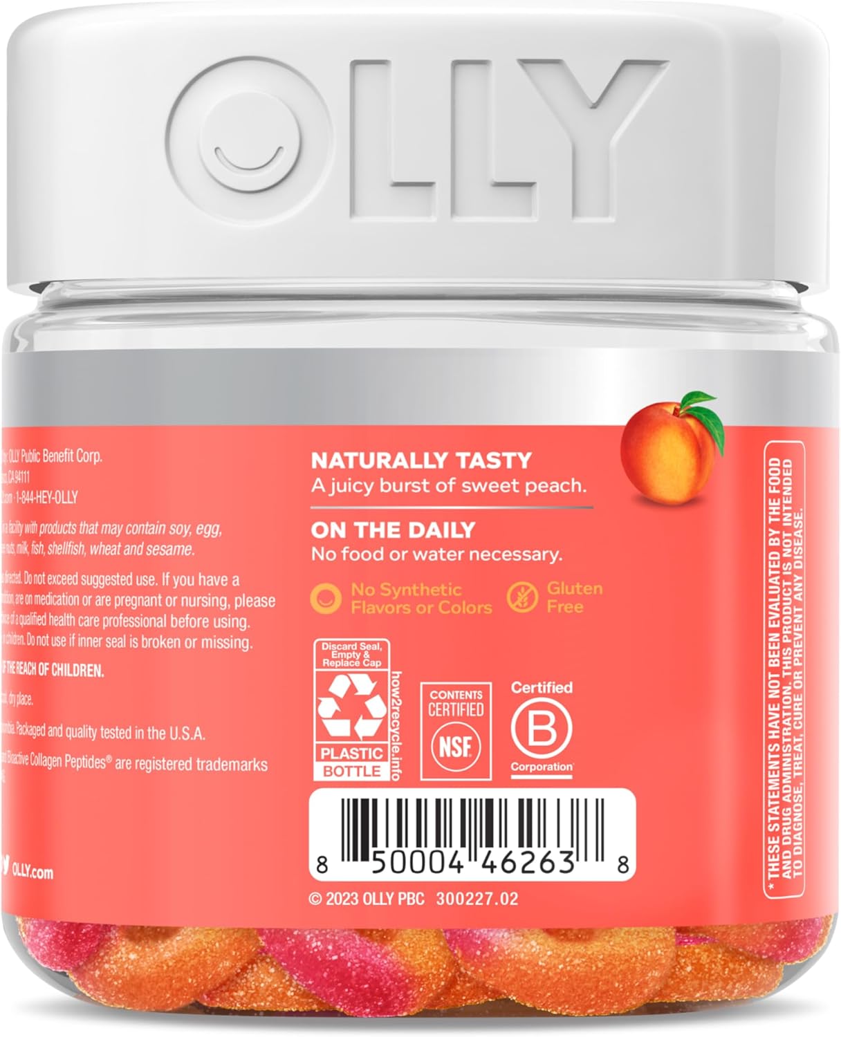 Peach OLLY Collagen Gummy Rings, 2.5g Collagen for Skin Elasticity, 30 Count - Clinically Tested, 15 Day Supply