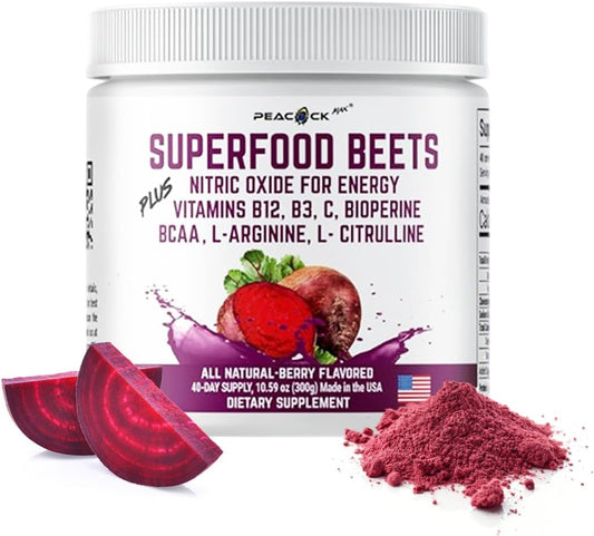 Peacock Max Beetroot Powder - Blood Pressure Support Superfood with Nitric Oxide Booster, Green Tea Extract, Berry Flavor - 10.59 oz Pack