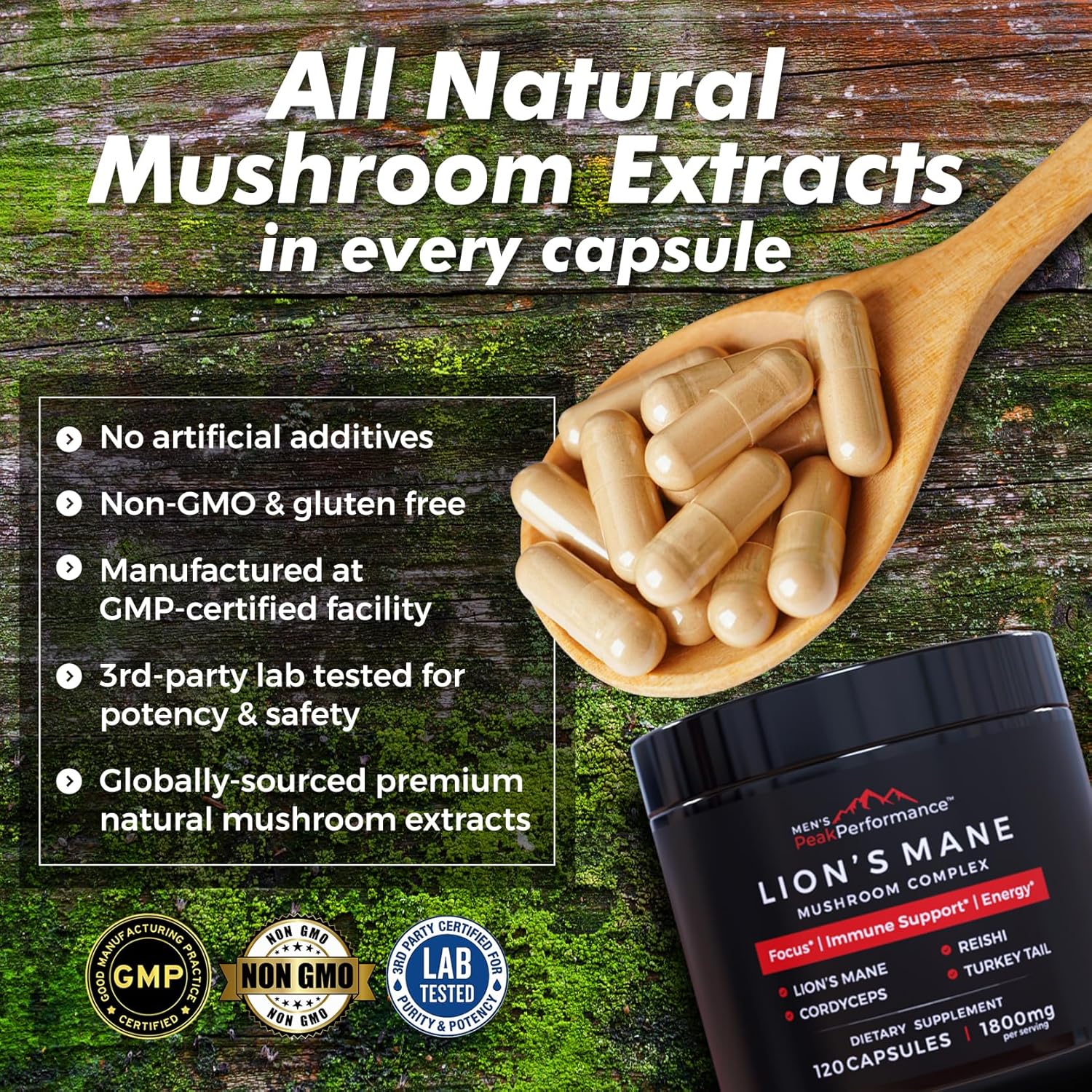 PeakPerformance Men's Lion's Mane Mushroom Supplement Capsules - Nootropic for Memory, Focus, Energy, & Immune Support (120 Capsules)
