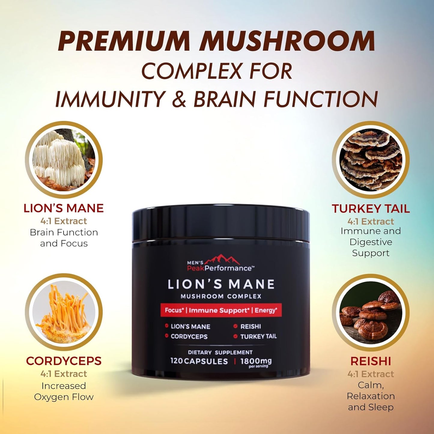 PeakPerformance Men's Lion's Mane Mushroom Supplement Capsules - Nootropic for Memory, Focus, Energy, & Immune Support (120 Capsules)