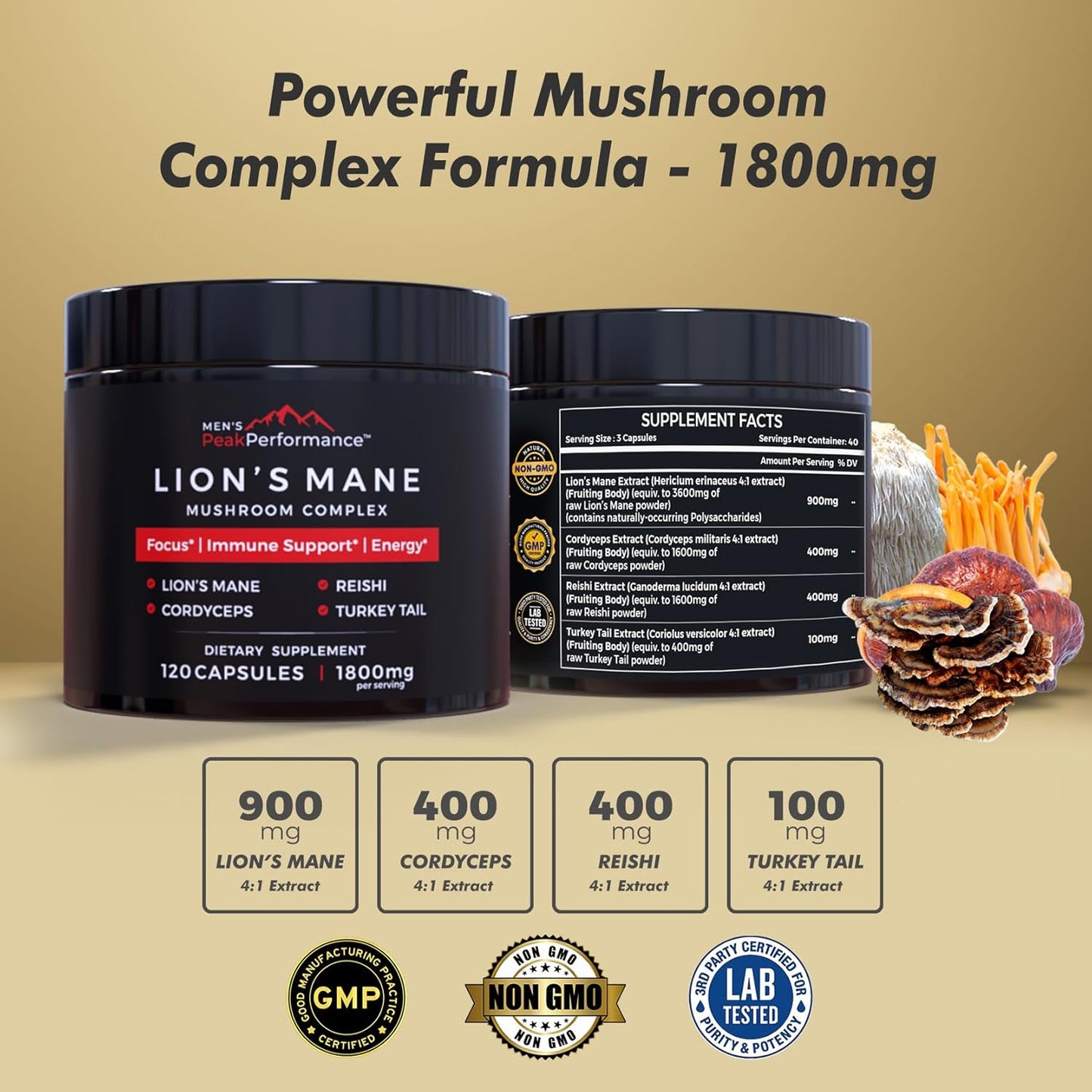 PeakPerformance Men's Lion's Mane Mushroom Supplement Capsules - Nootropic for Memory, Focus, Energy, & Immune Support (120 Capsules)