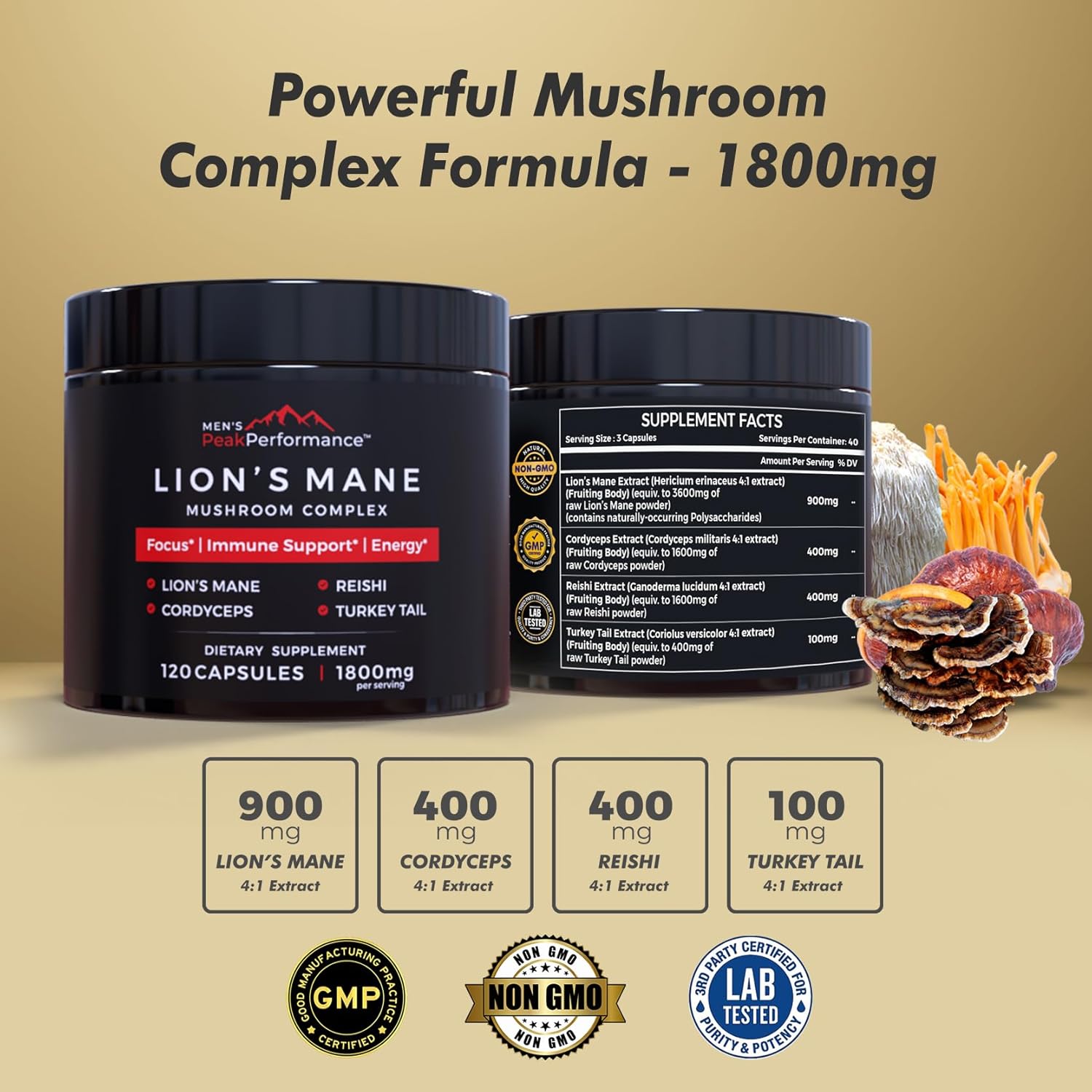 PeakPerformance Men's Lion's Mane Mushroom Supplement Capsules - Nootropic for Memory, Focus, Energy, & Immune Support (120 Capsules)
