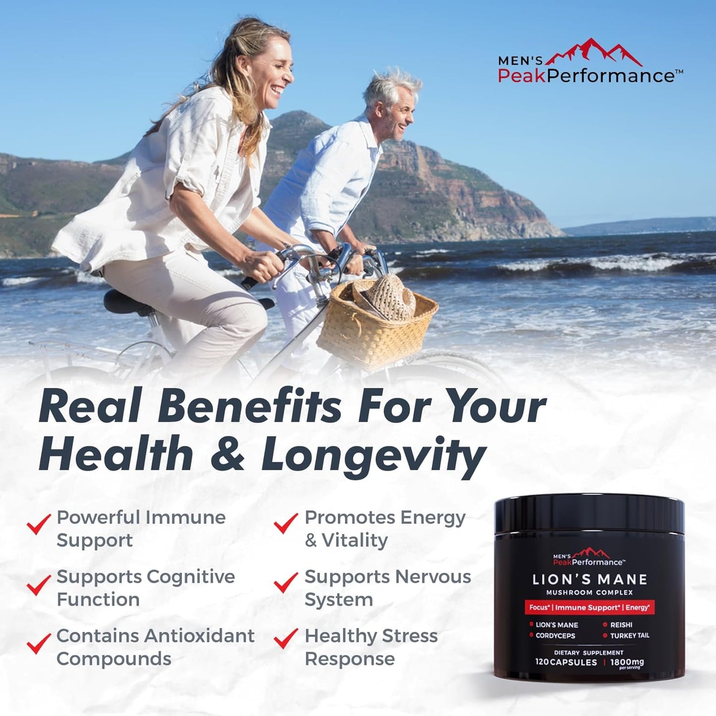 PeakPerformance Men's Lion's Mane Mushroom Supplement Capsules - Nootropic for Memory, Focus, Energy, & Immune Support (120 Capsules)