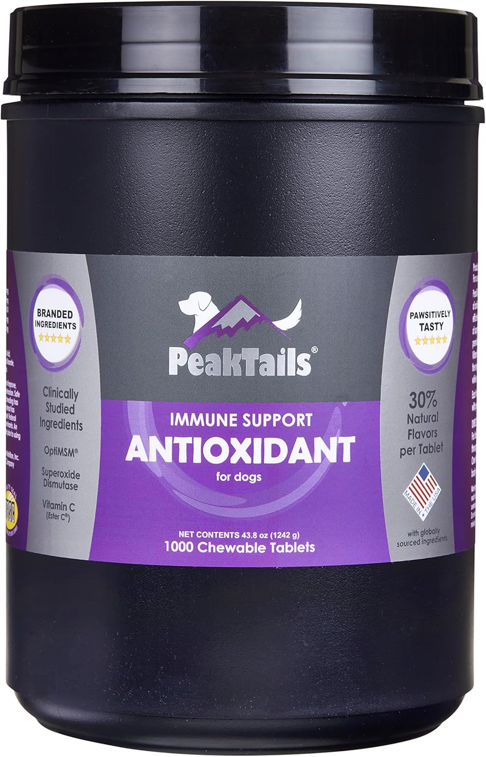 PeakTails Daily Defense Antioxidant Supplement for Dogs with MSM, Super Oxide Dismutase, Selenium, Vitamin C & E - Immune Support, Anti-Itch, Skin Allergies - 1,000 Chewable Tablets