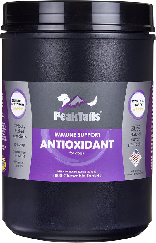 PeakTails Daily Defense Antioxidant Supplement for Dogs with MSM, Super Oxide Dismutase, Selenium, Vitamin C & E - Immune Support, Anti-Itch, Skin Allergies - 1,000 Chewable Tablets