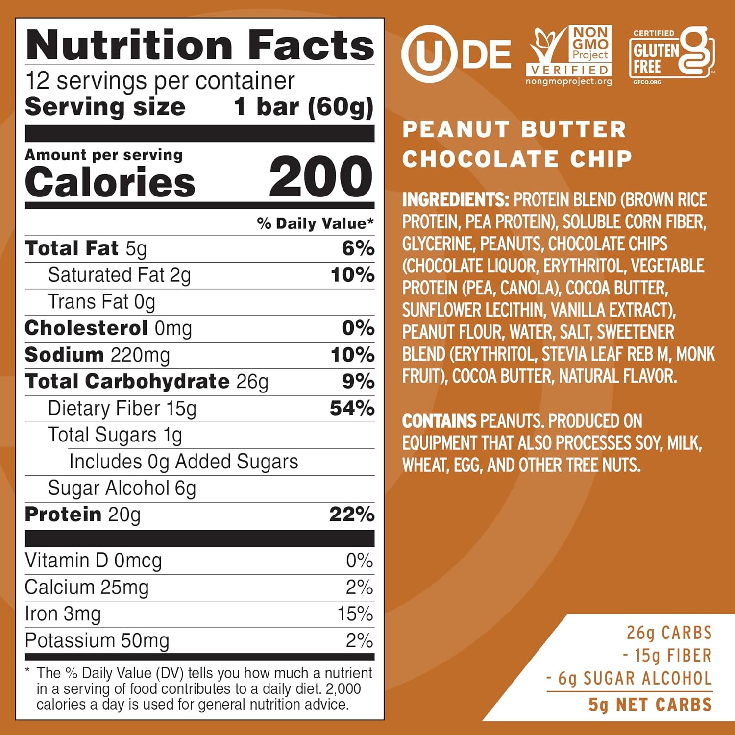 Peanut Butter Chocolate Chip High Protein Bars - Vegan Snacks with 20g Protein, High Fiber, Low Sugar, Dairy & Gluten Free (12 Count)