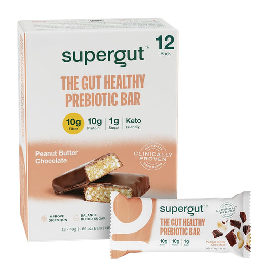 Peanut Butter Chocolate Prebiotic Bars - Gut Healthy Protein Snacks, Keto-Friendly Energy Bars (12 Pack)