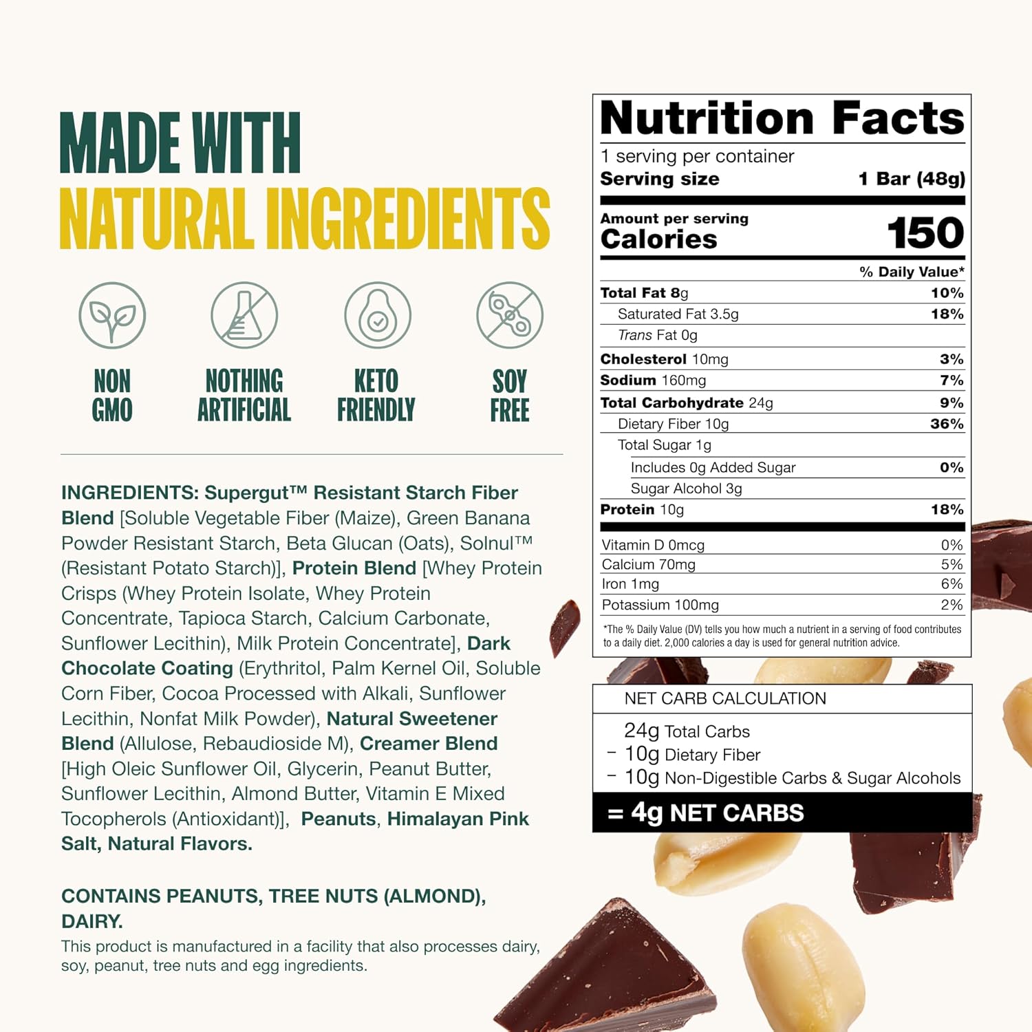 Peanut Butter Chocolate Prebiotic Bars - Gut Healthy Protein Snacks, Keto-Friendly Energy Bars (12 Pack)