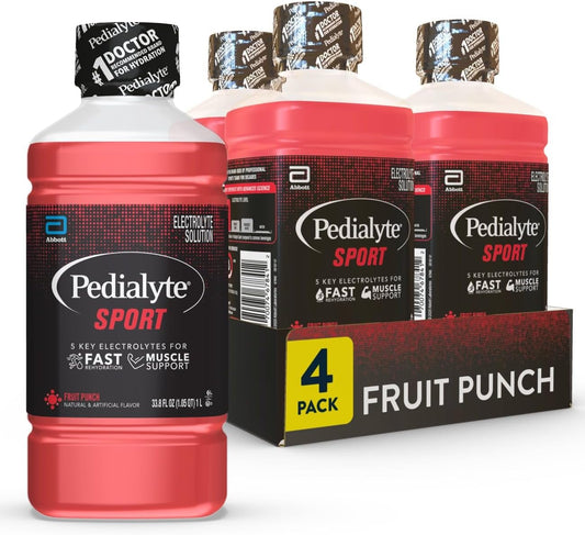 Pedialyte Sport Electrolyte Drink, Fruit Punch, 1 Liter, Pack of 4 for Fast Hydration & Muscle Support During Exercise