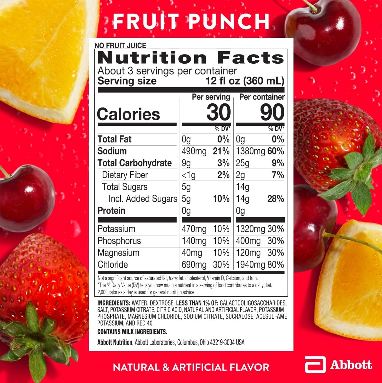 Pedialyte Sport Electrolyte Drink, Fruit Punch, 1 Liter, Pack of 4 for Fast Hydration & Muscle Support During Exercise