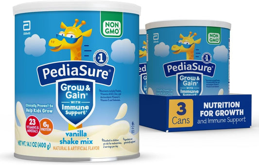 PediaSure Grow & Gain Vanilla Shake Mix Powder, Kids Protein Shake with Immune Support, 14.1 oz Can, Pack of 3 - 24 Servings