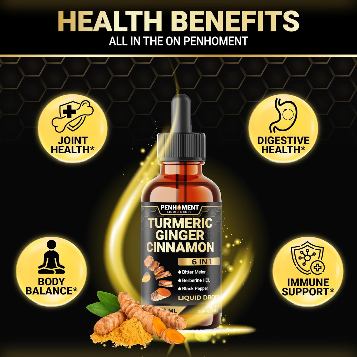 Penhoment Liquid Turmeric Curcumin Drops with Ginger, Berberine, Ceylon Cinnamon, Bitter Melon, Black Pepper - Joint Support - 2FL oz - 60 Servings