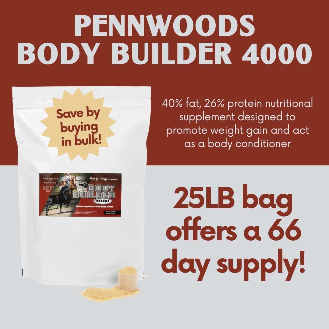 Pennwoods Body Builder 4000: High-Fat Horse Weight Gain Supplement for Improved Hoof Quality - 25 LB Bag