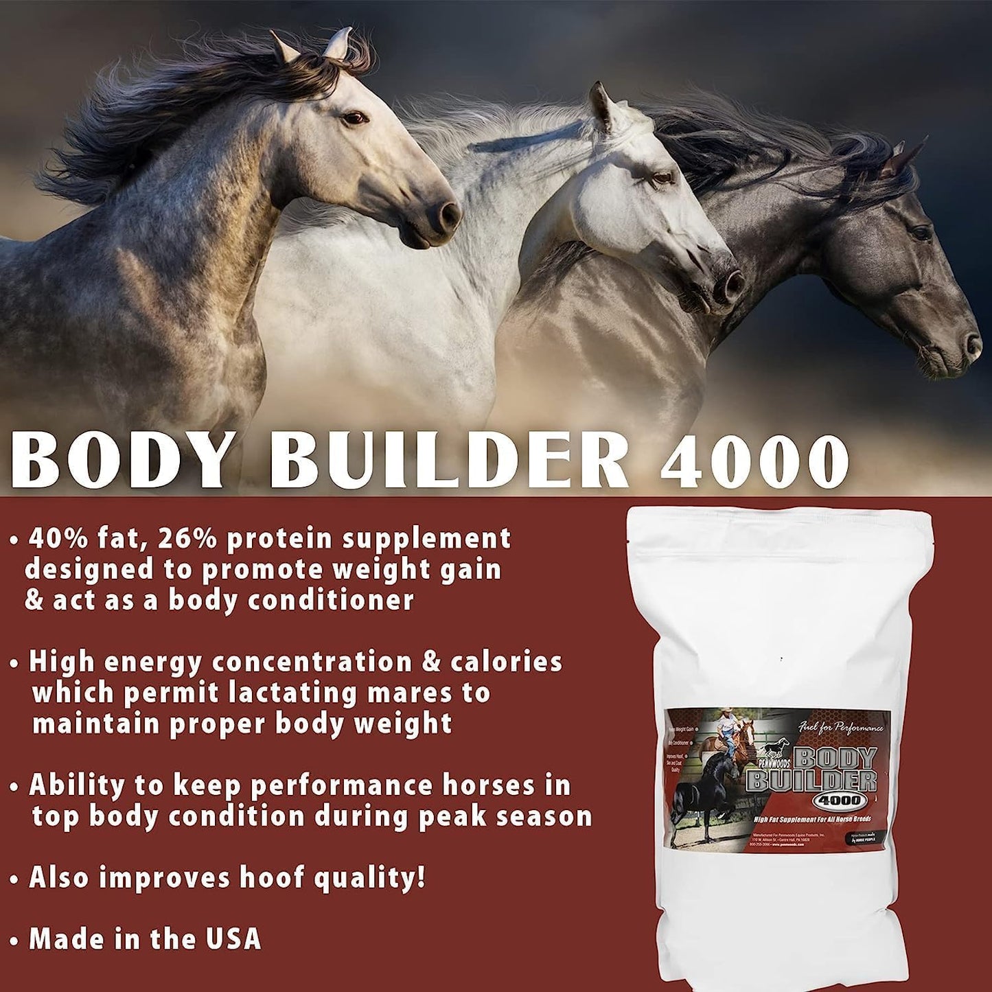 Pennwoods Body Builder 4000: High-Fat Horse Weight Gain Supplement for Improved Hoof Quality - 25 LB Bag