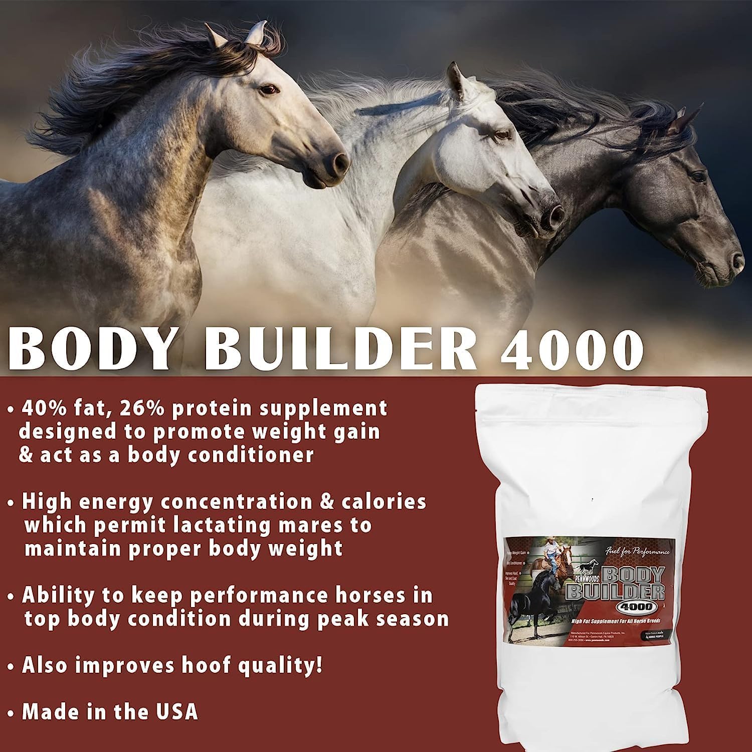 Pennwoods Body Builder 4000: High-Fat Horse Weight Gain Supplement for Improved Hoof Quality - 25 LB Bag