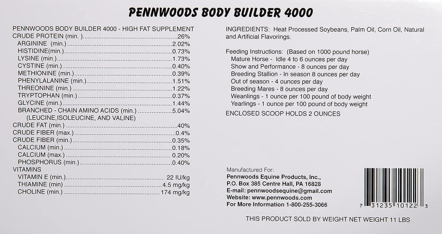 Pennwoods Body Builder 4000: High-Fat Horse Weight Gain Supplement for Improved Hoof Quality - 25 LB Bag
