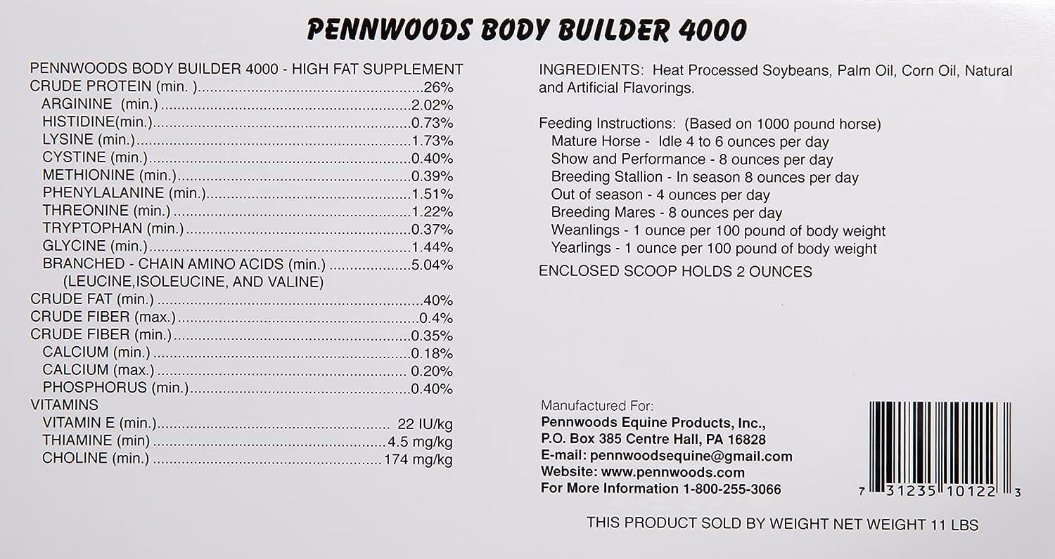 Pennwoods Body Builder 4000: High-Fat Horse Weight Gain Supplement for Improved Hoof Quality - 25 LB Bag