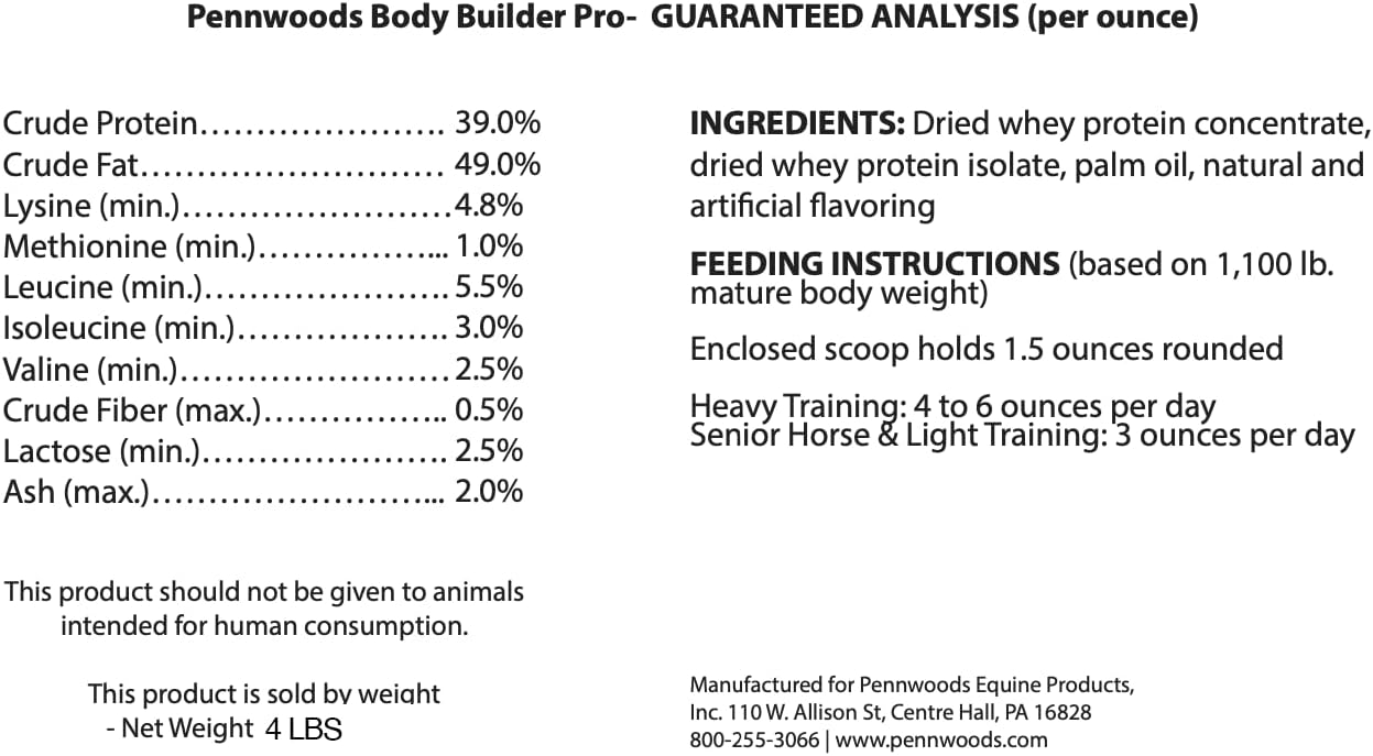 Pennwoods Body Builder Pro: Premium Horse Weight Gain Supplement with High Fat Energy Booster - 4lb Bag