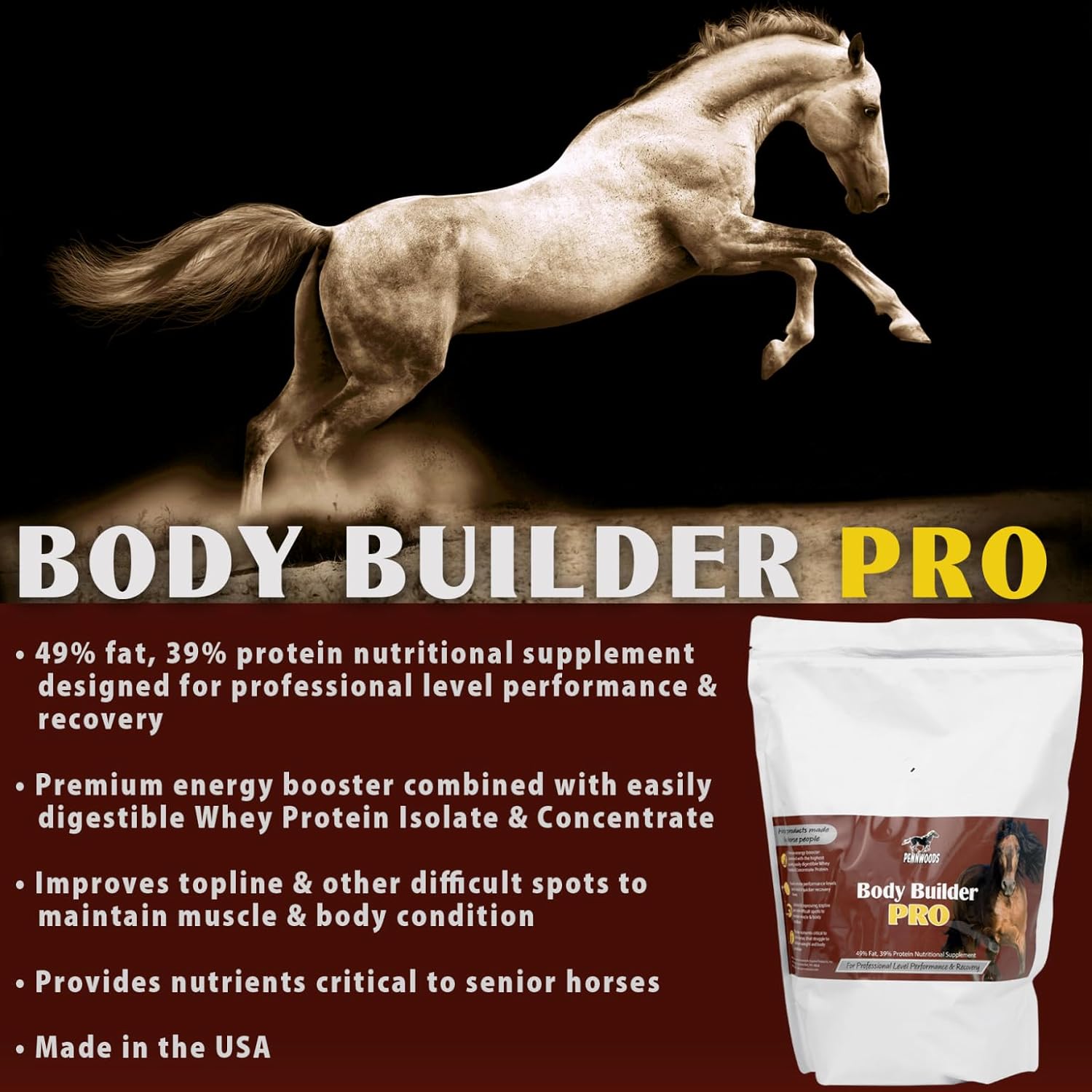 Pennwoods Body Builder Pro: Premium Horse Weight Gain Supplement with High Fat Energy Booster - 4lb Bag