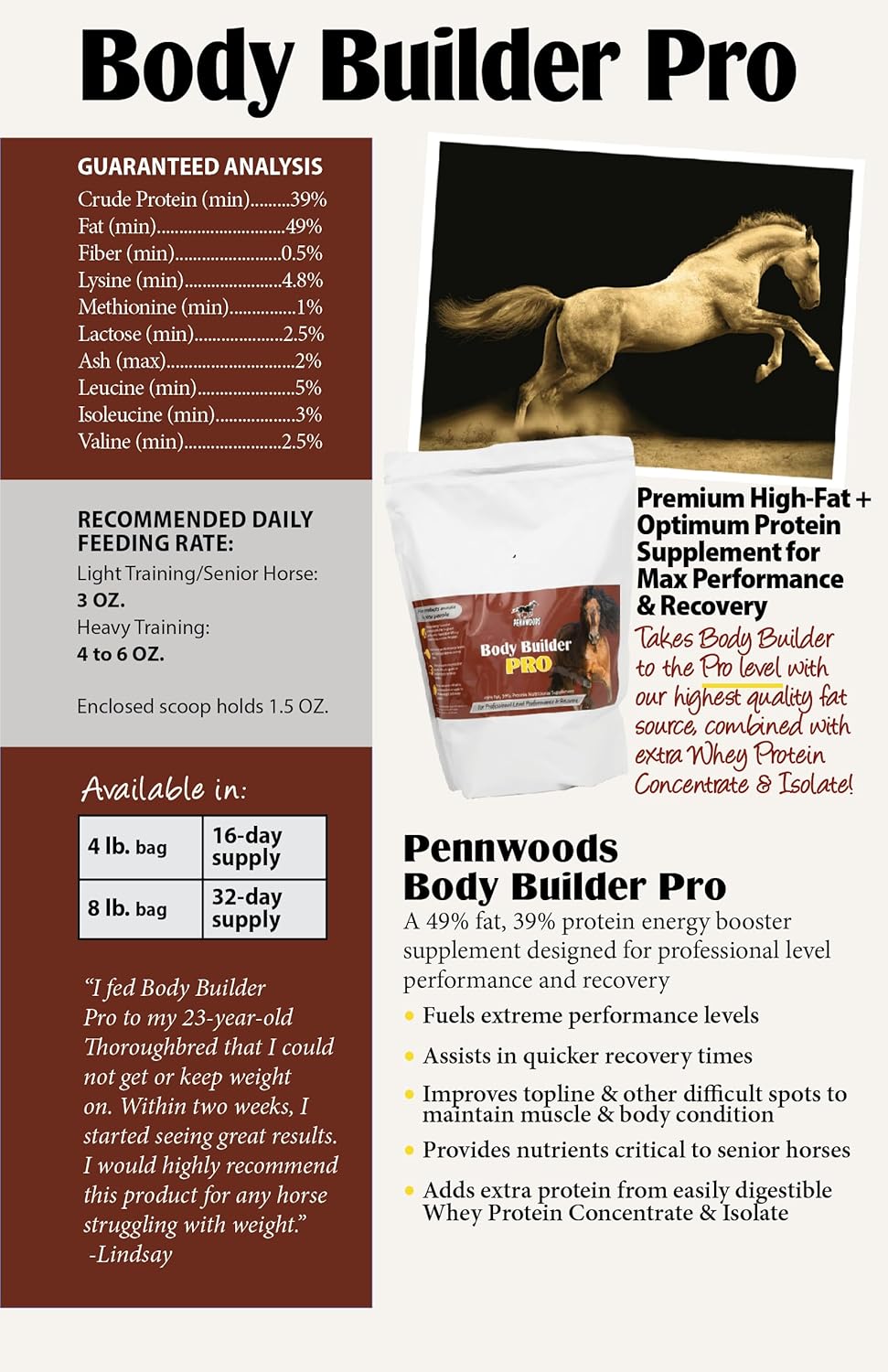 Pennwoods Body Builder Pro: Premium Horse Weight Gain Supplement with High Fat Energy Booster - 4lb Bag