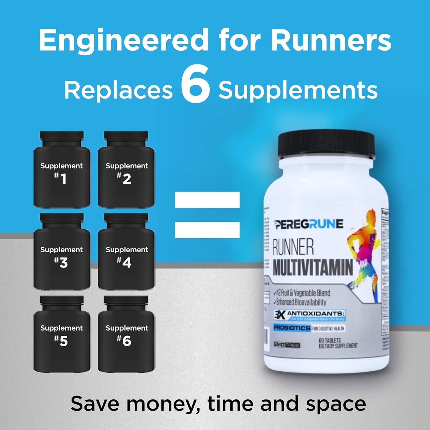 PEREGRUNE Runner Multivitamin - Antioxidant-Rich Vitamin for Health and Recovery - Enhanced B Complex for Endurance and Energy - Probiotics and Whole Foods - Certified Running Supplement