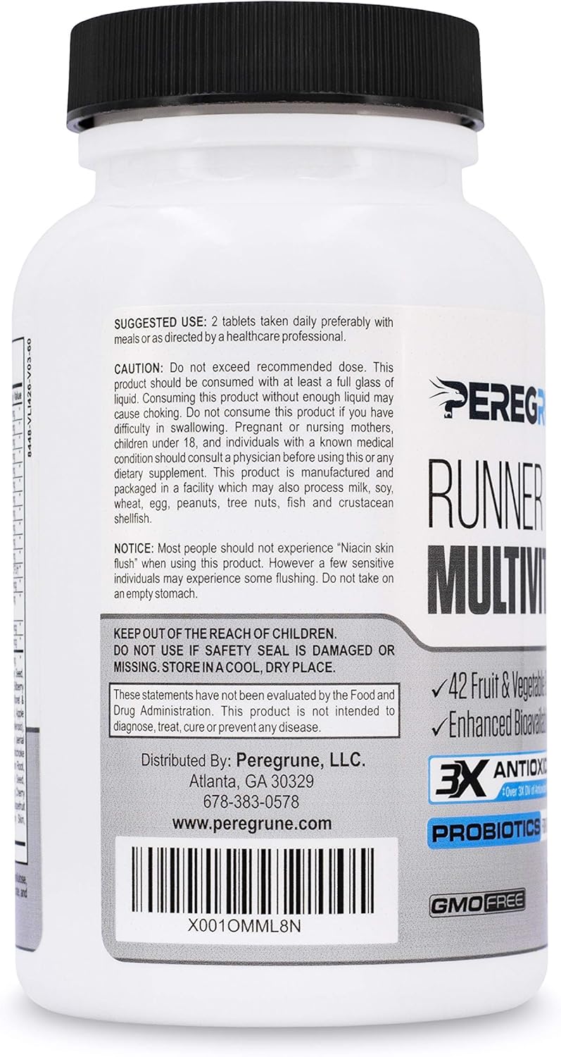 PEREGRUNE Runner Multivitamin - Antioxidant-Rich Vitamin for Health and Recovery - Enhanced B Complex for Endurance and Energy - Probiotics and Whole Foods - Certified Running Supplement