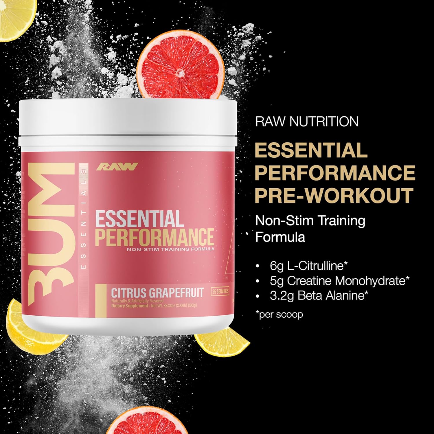 Performance-Boosting Pre-Workout Powder for Endurance & Strength - Caffeine-Free with Creatine Monohydrate, L-Citrulline, & Beta Alanine - Citrus Grapefruit Flavor