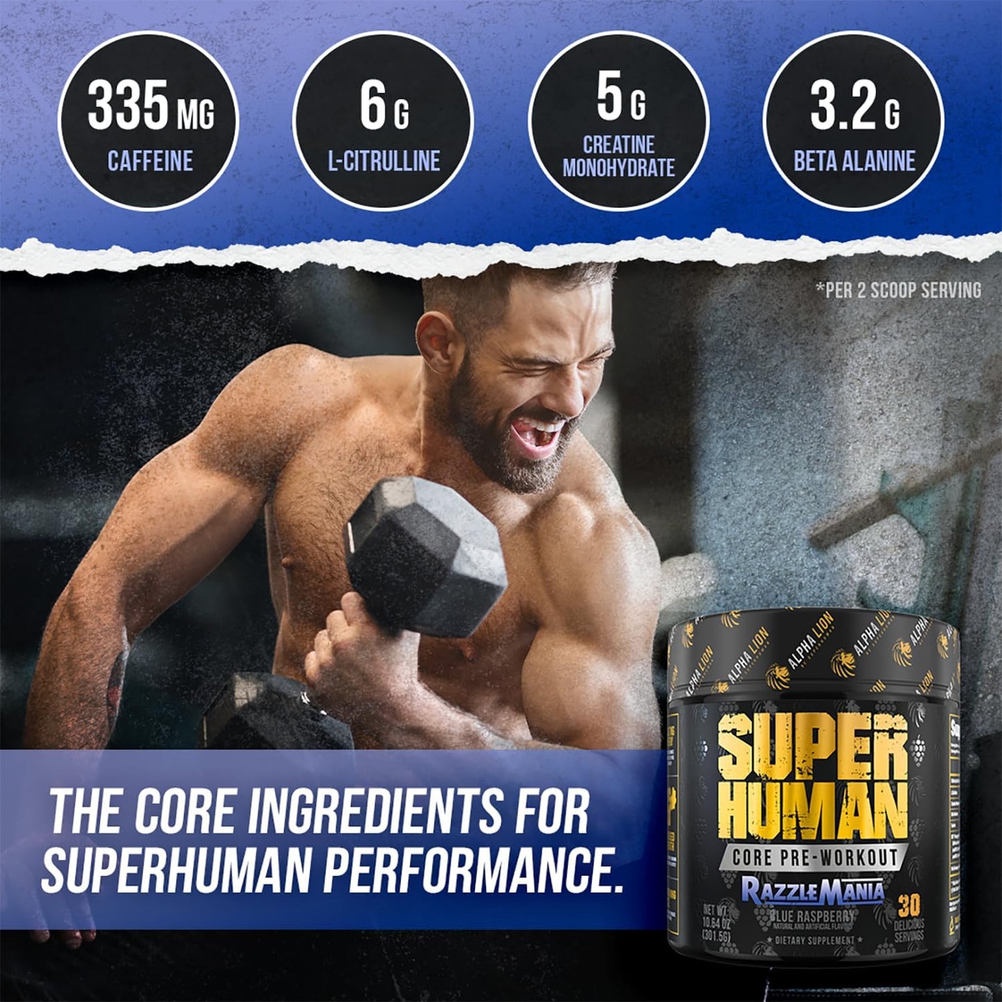 Performance-Enhancing Pre Workout Powder with Creatine, Beta Alanine, L-Citrulline, and Caffeine for Energy - Blue Raspberry Flavor (30 Servings)