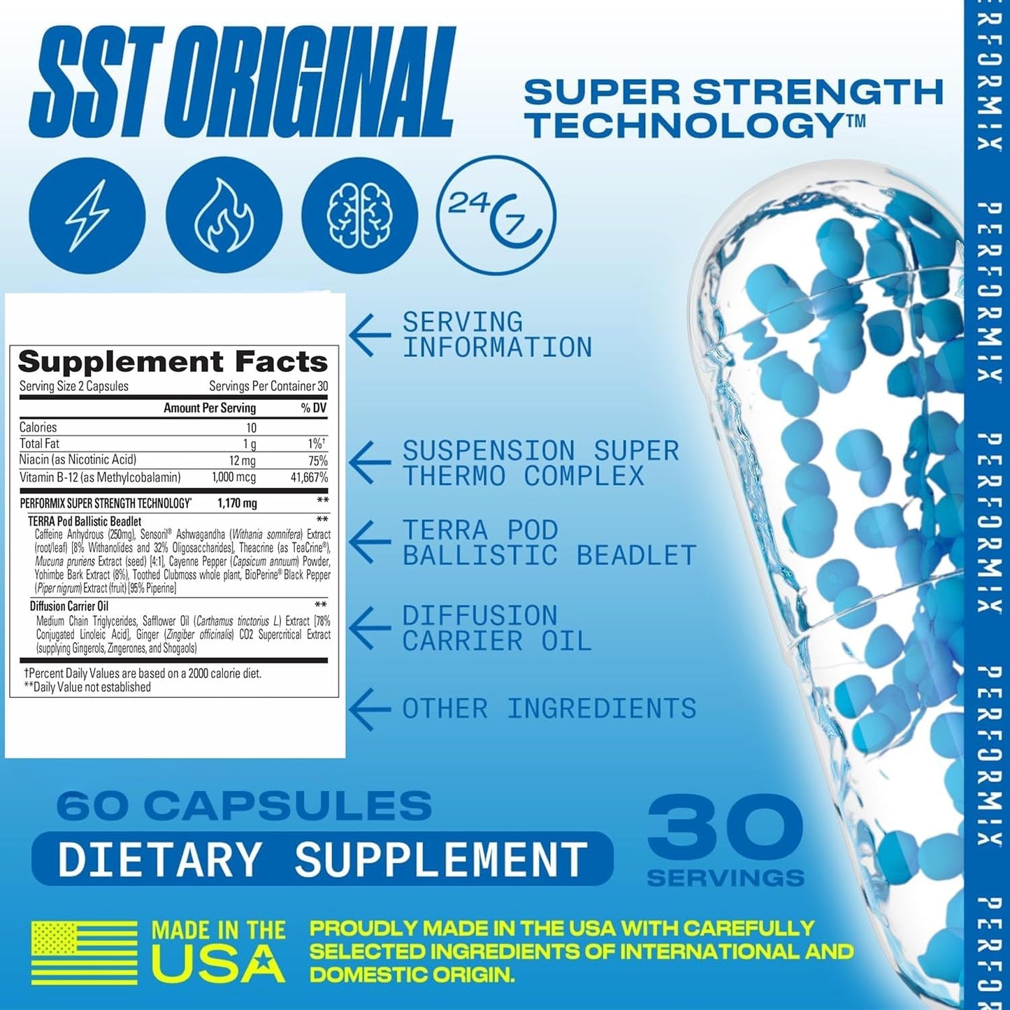 Performix SST Original Pre Workout Energy Supplement with 250mg Caffeine for All Day Focus and Energy Boost - 60 Capsules for Men and Women