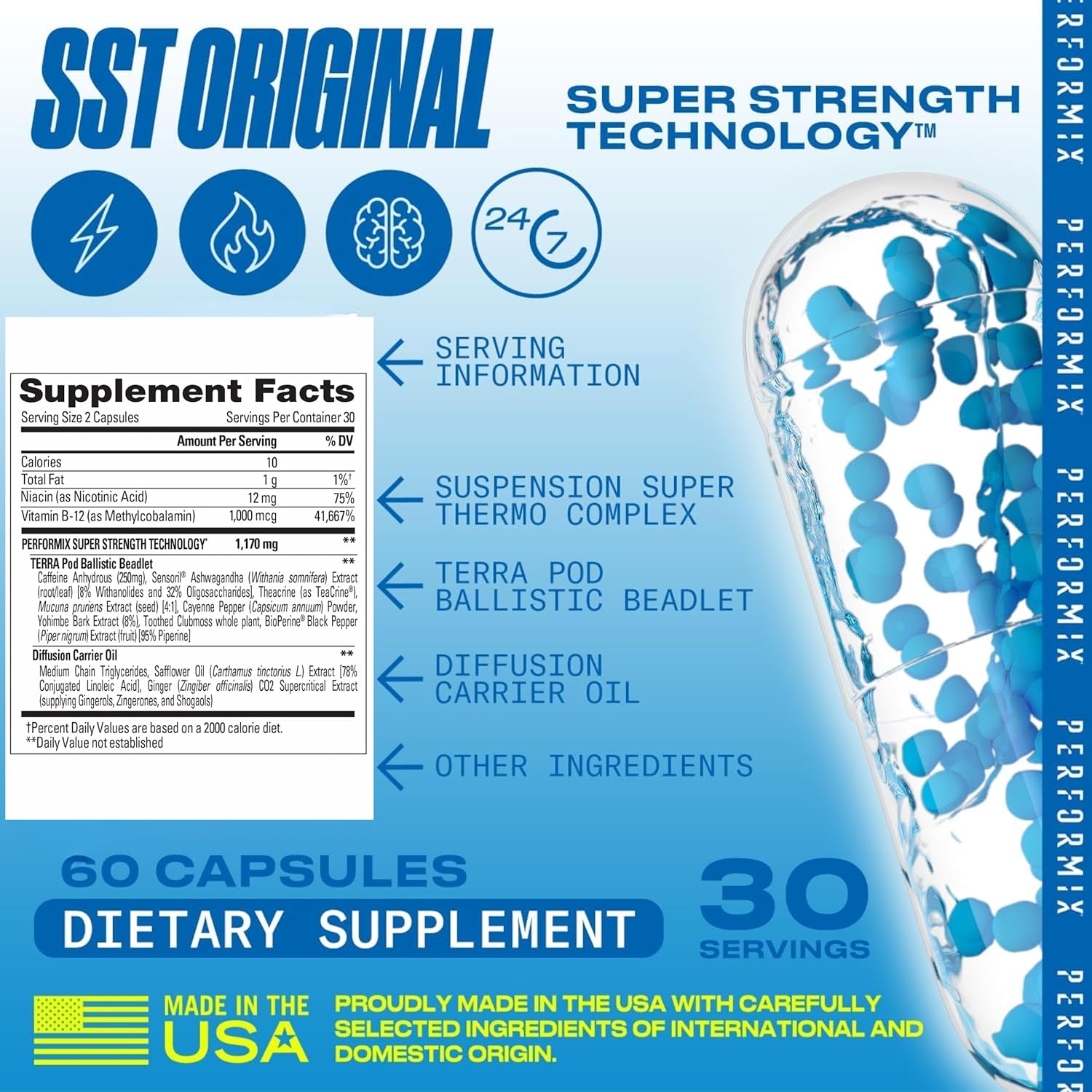 Performix SST Original Pre Workout Energy Supplement with 250mg Caffeine for All Day Focus and Energy Boost - 60 Capsules for Men and Women