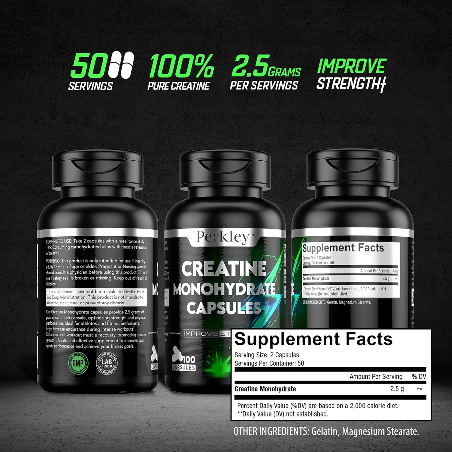 Perkley™ Micronized Creatine Monohydrate Capsules - 100 Count for Strength, Muscle Growth & Performance - Fast Absorption Pre and Post-Workout Support - 50 Servings