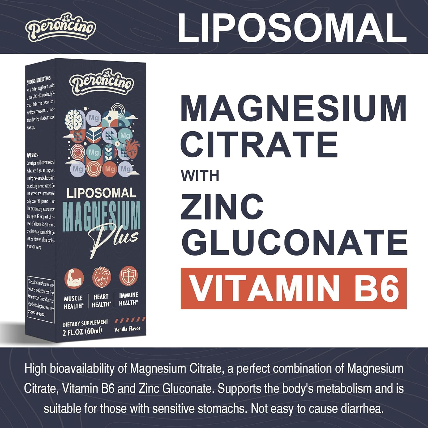 Peroncino Liposomal Magnesium Citrate Drops with Vitamin B6 and Zinc for Gut, Bone, Mood, Stress - 60ml (2-Pack)