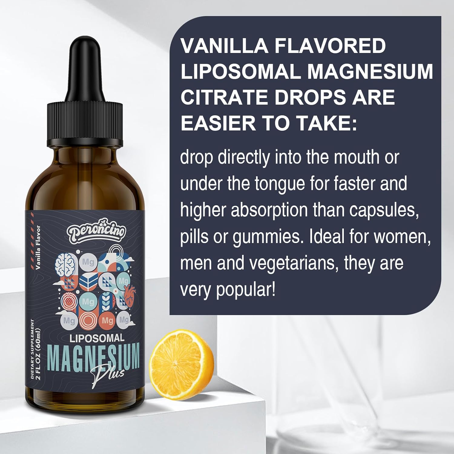 Peroncino Liposomal Magnesium Citrate Drops with Vitamin B6 and Zinc for Gut, Bone, Mood, Stress - 60ml (2-Pack)