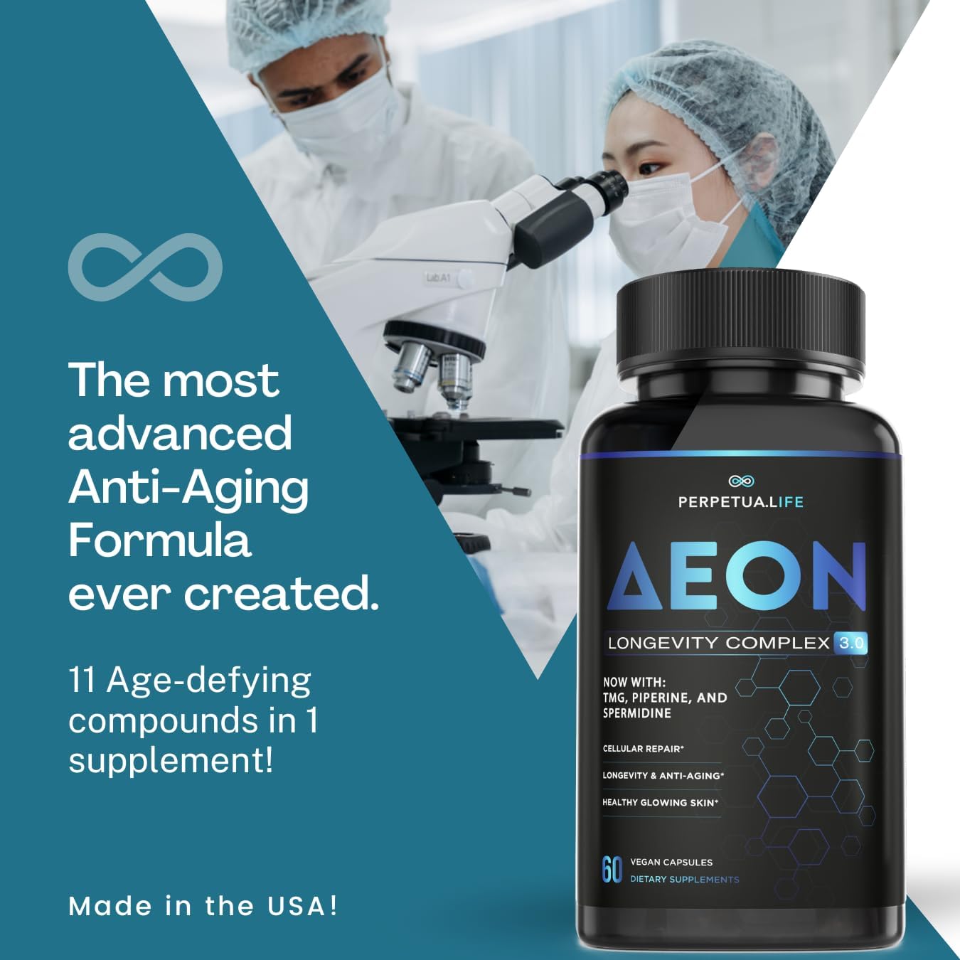 PERPETUA.LIFE Anti-Aging Supplement NAD+ Complex AEON with Nicotinamide Duo™, Fisetin, Quercetin, Resveratrol, TMG, Spermidine, Astragalus, L-Theanine, and More.