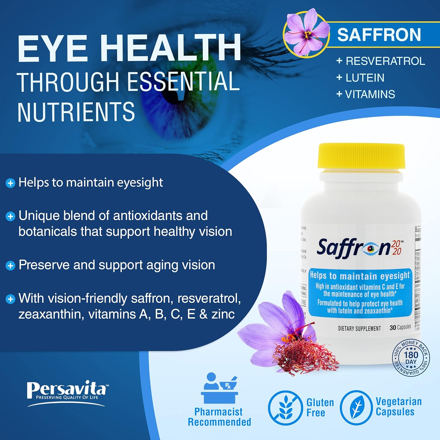 Persavita Saffron 2020 Supplement - 30 Vegetarian Capsules with Resveratrol, Vitamins, Minerals, Zeaxanthin, and Lutein