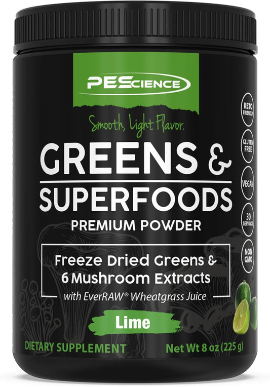 PEScience Lime Greens Superfoods Powder - 30 Servings, Natural Chlorophyll & Turkey Tail Mushroom Blend