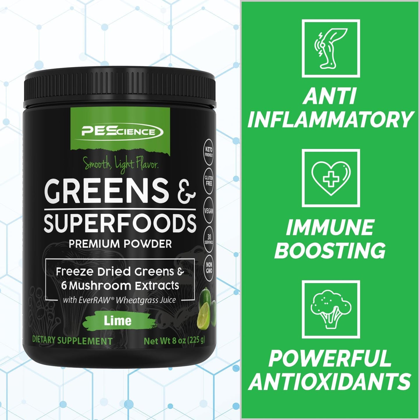 PEScience Lime Greens Superfoods Powder - 30 Servings, Natural Chlorophyll & Turkey Tail Mushroom Blend